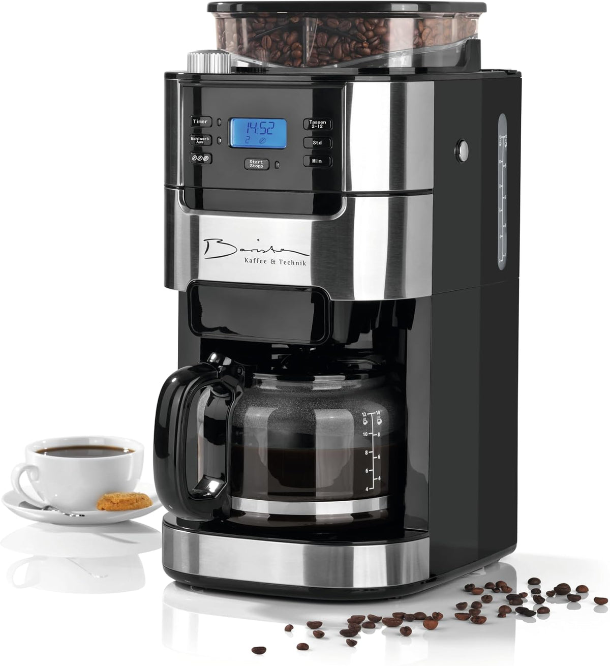 Barista Kaffee & Technik Cafetière Filtre avec verseuse erseuse en verre 1L pur 12 tasses de café, Machine a cafe grain avec broyeur et écran digital