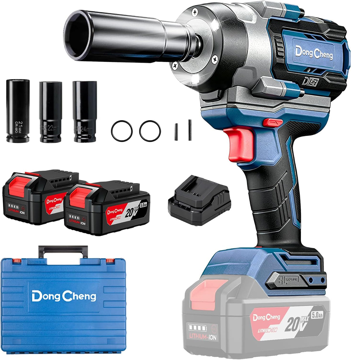 Dong Cheng 20V Clé à Choc Sans Fil Brushless 1/2', 900 Nm Serrage/1700 Nm Desserrage,2 Batteries 5,0Ah, 3 Vitesses 0‑1400/1650/1900 tr/min