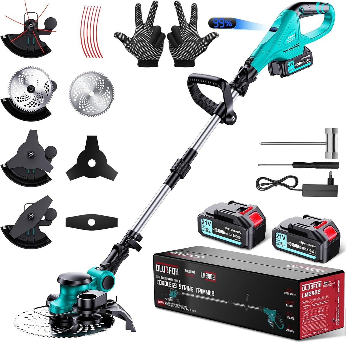 Coupe Bordure sans Fil avec Batterie 21V 2 × 4000 mAh Moteur sans Balai de 1000W 3 en 1 Debroussailleuse Electrique sans Fil, Affichage de Batterie