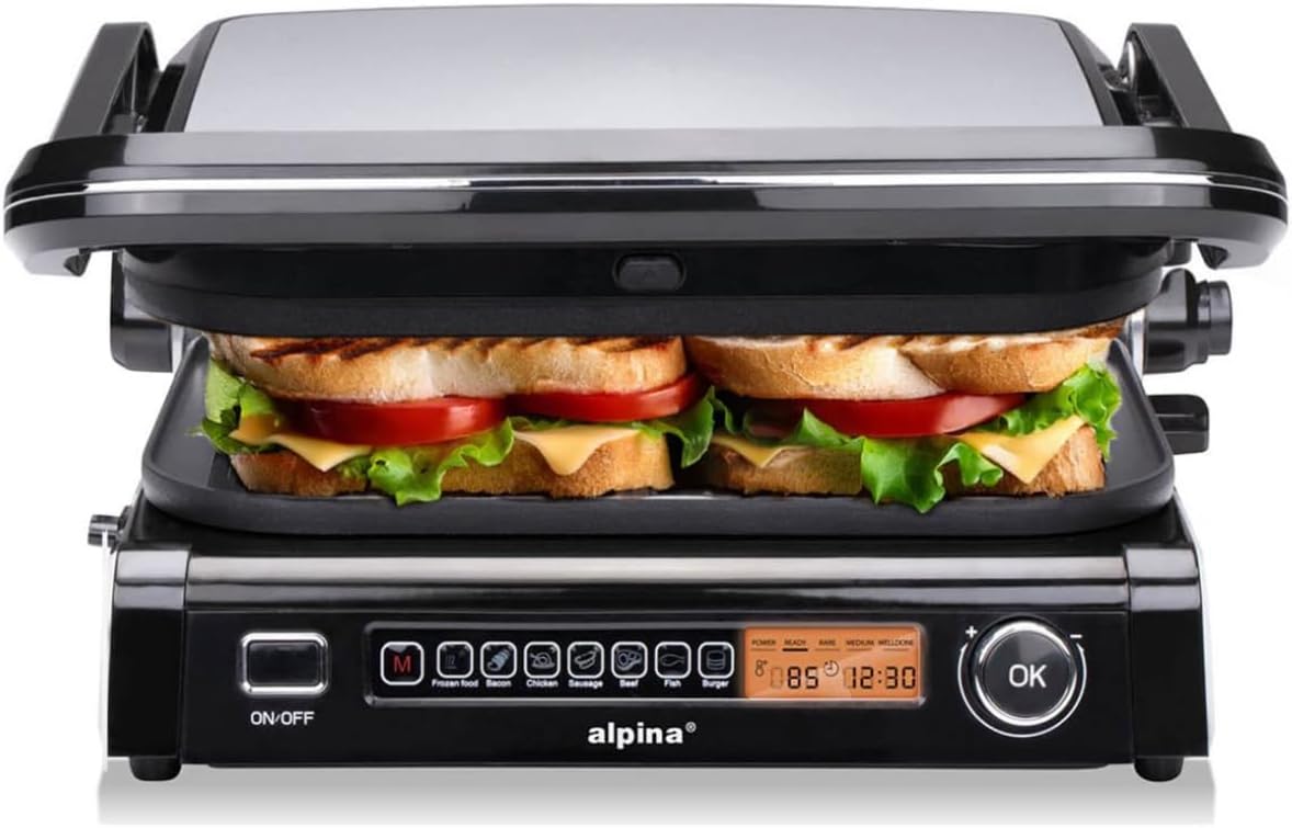 ALPINA - Grill électrique Multi fonction Panini Viande 2100W Minuterie 8 réglages Cuisson intelligente Plaque Anti-adhésive