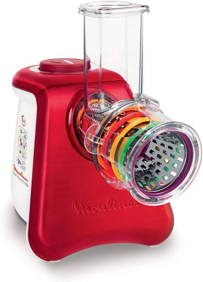 Moulinex DJ812510 Découpe Légumes Électrique Fresh Express Max 5 en 1 Râper Fin Épais Trancher Gratter Fromage Mandoline Légumes Fruits Glace Pilée