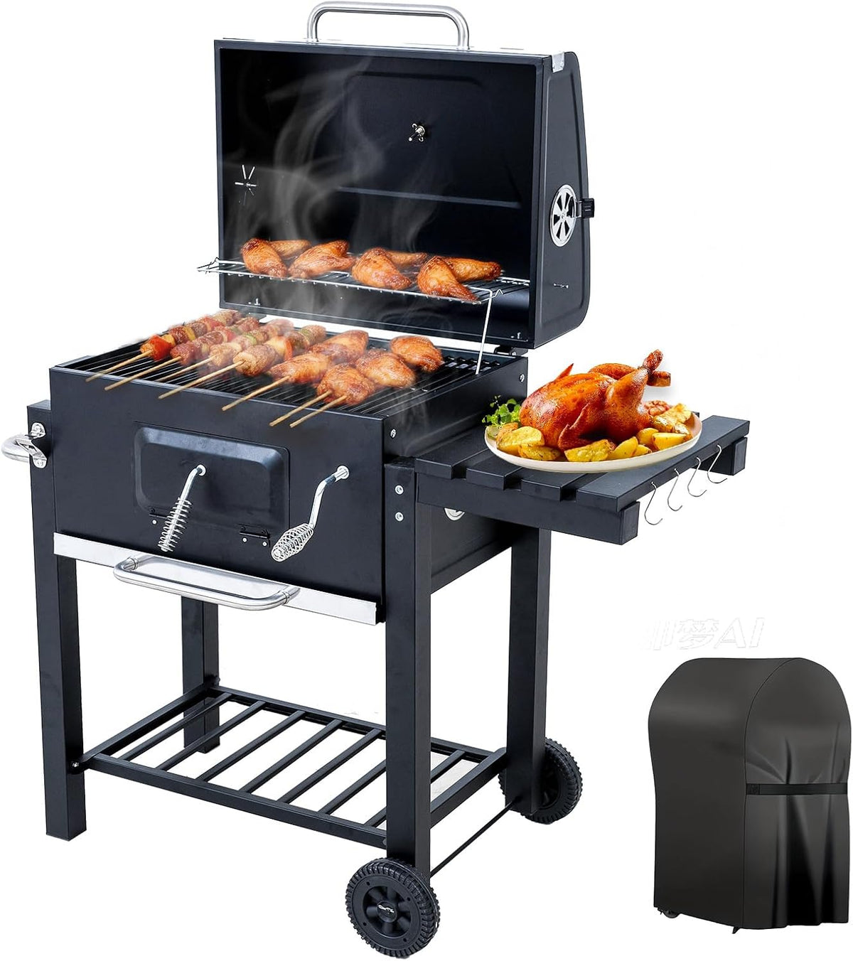 Barbecue Charbon de Bois, Gril avec Couvercle, Surface de Cuisson: 56×42,5 cm, Bac à Charbon Réglable en Hauteur, Table Latérale Pliante