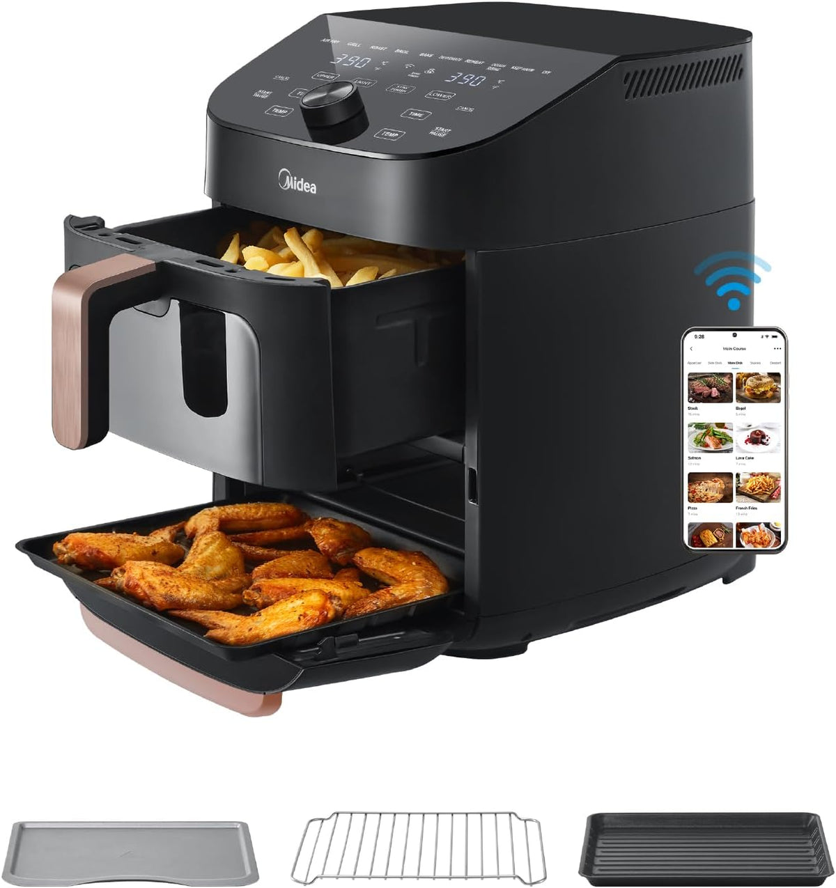 Midea Friteuse à air verticale 10 en 1, double zone, 11 L, Wifi Air Fryer avec 2 tiroirs 5 L & 6 L, composants antiadhésifs, passe au lave-vaisselle