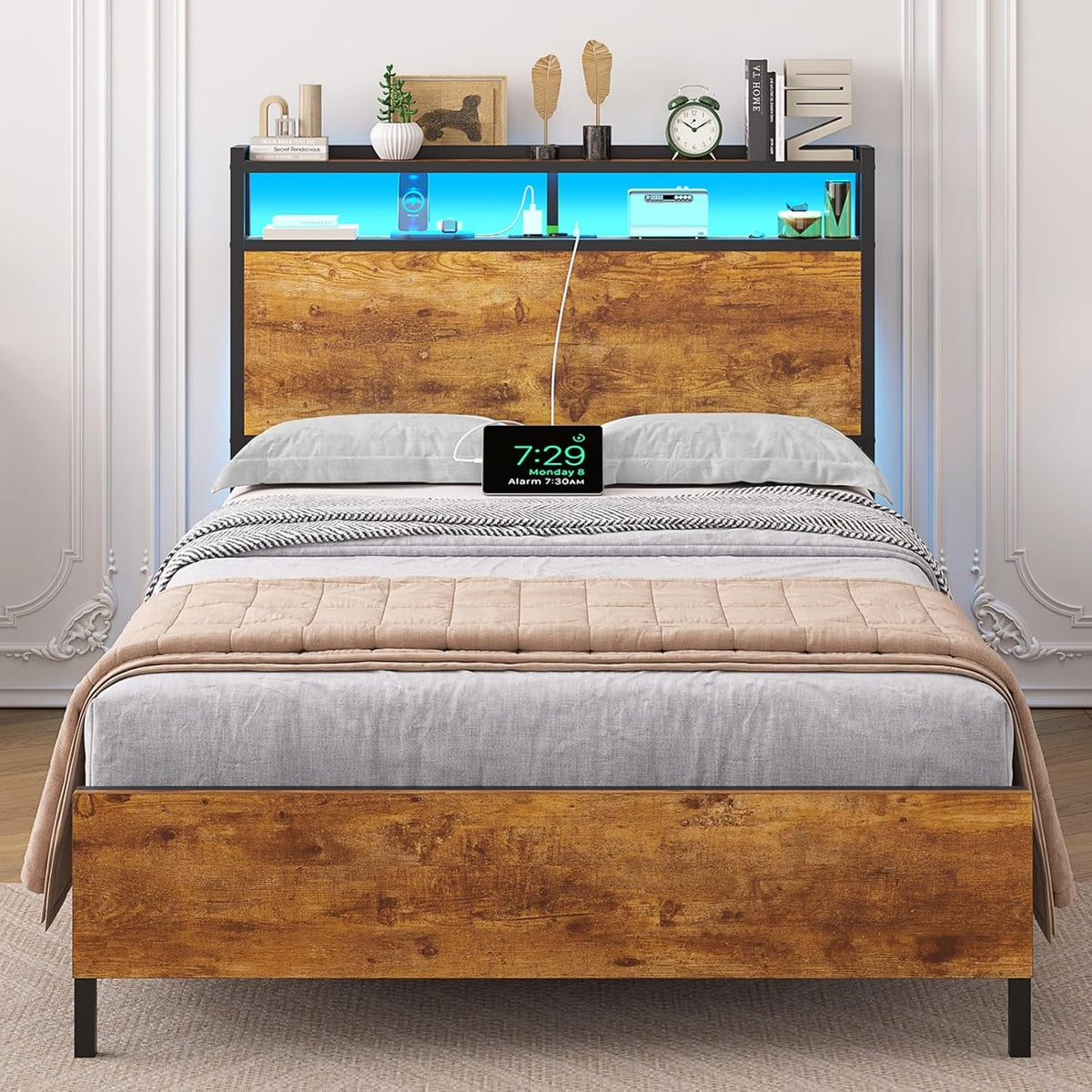 Cadre de Lit 90x200 avec sommier en Métal, Lit 90 x 200 cm avec LED et Multiprise (2 Prises CA, 2 Ports USB)