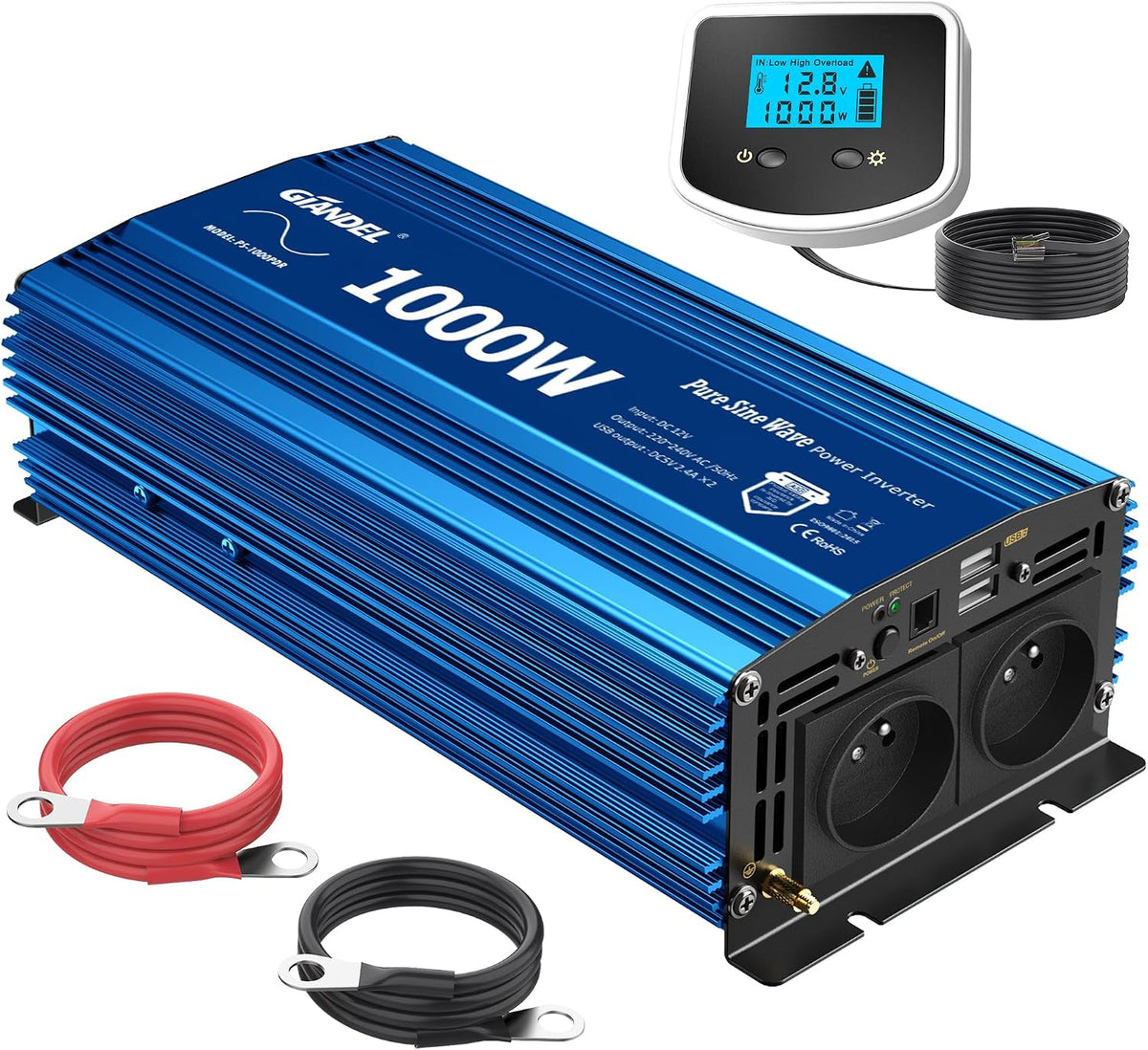 GIANDEL 1000W Convertisseur 12V 220V Pur Sinus Onduleur Onde Sinusoïdale Pure Transformateur avec écran LCD-Télécommande et 2 Ports USB & 2 AC Prises
