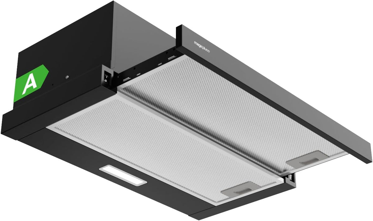 magicplux Hotte aspirante Téléscopique 60 cm Noir, 370 m³/h, Classe A, Éclairage LED, 60/65 dB, Extraction & Recyclage, Filtre à Charbon Inclus