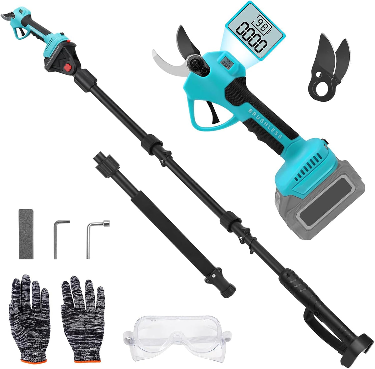 Sécateur Électrique 2-en-1 avec Perche Télescopique 4x0.5m - Réglable 1m/1.5m/2m, Coupe 43mm Secateur Electrique Sans Fil Compatible avec Makita 18V