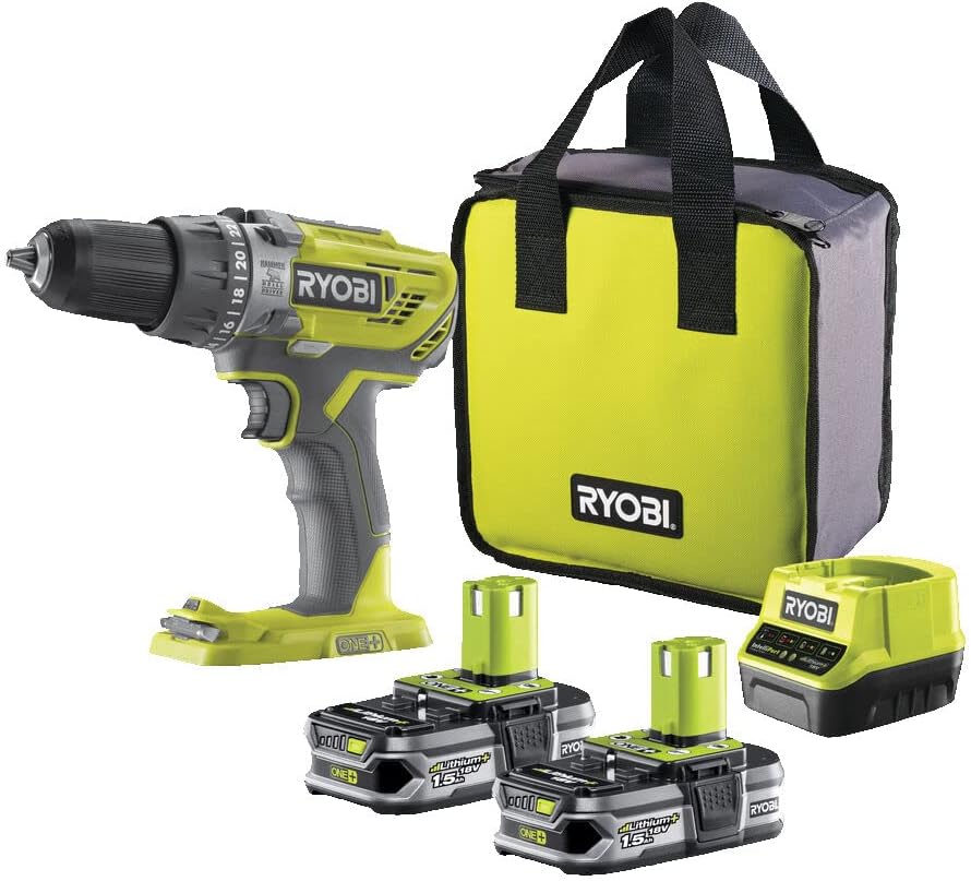 RYOBI - Perceuse-visseuse à percussion sans fil 18V ONE+ avec 2 batteries lithium+ 1,5 Ah - R18PD3-215S