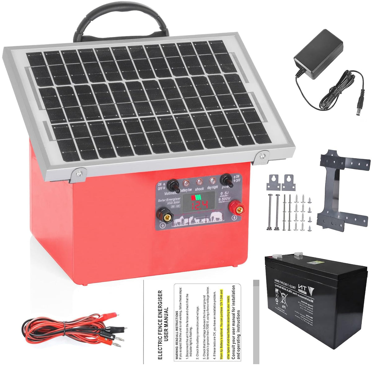 32KM Clôture électrique solaire, dispositif 12 V avec panneau solaire de 7.5 W, 0.5 J 9.5 KV berger électrique mit batterie au plomb 7 Ah