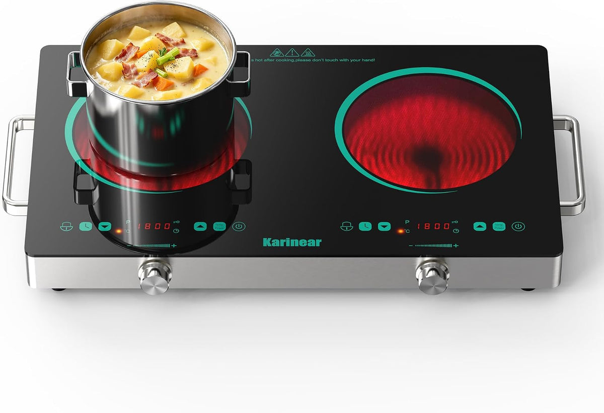 Karinear Plaque de Cuisson Vitrocéramique 2 Feux avec Poignée, Plaque de Cuisson Électrique Portable 2 Feux, Commande par Bouton Rotatif et Tactile