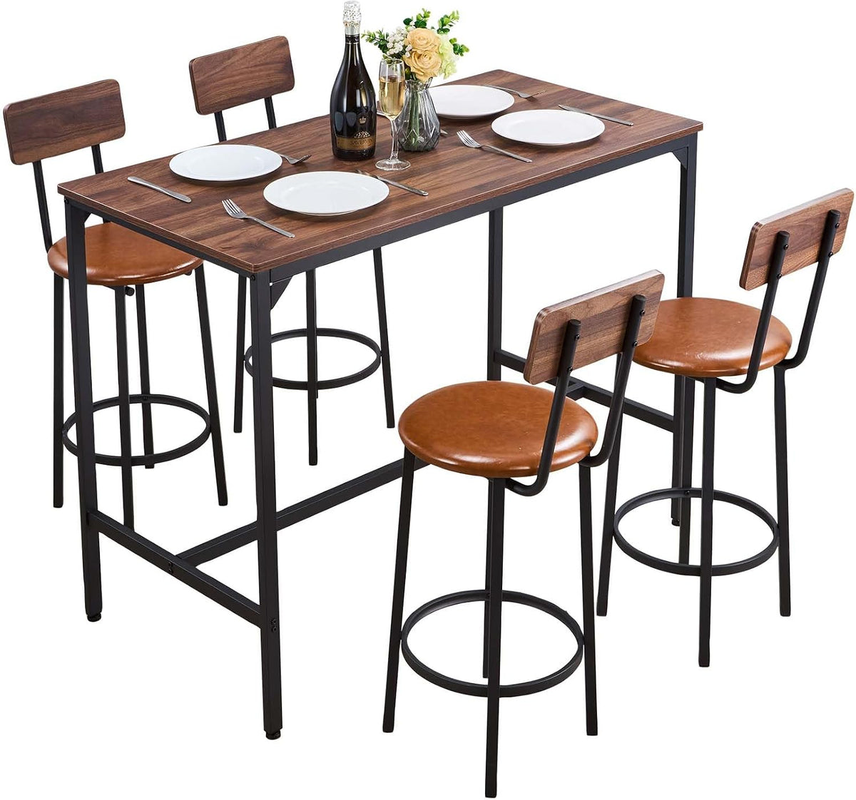 VEVOR Table de Bar Haute et Tabourets, 5 PCS, Ensemble Mange Debout avec 4 Chaises, Surface Rectangulaire Design à Arêtes Arrondies, pour Bureau