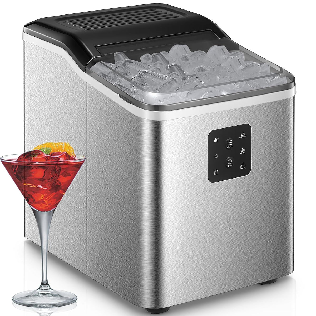 Machine à Glaçons Acier Inoxydable, Autonettoyante, 14kg, Écran LCD, 2L, 2 Tailles de Glaçons, 9 Glaçons en 6 Mins, Silencieuse