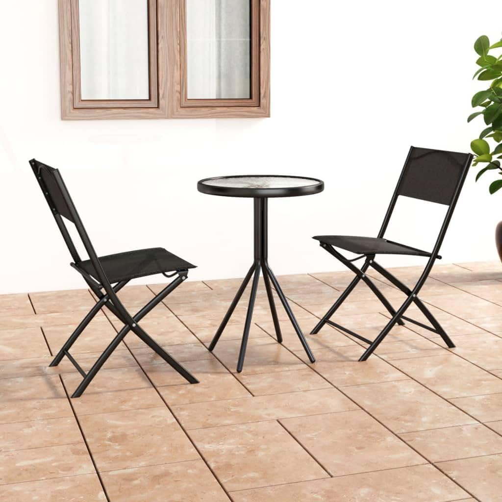 Ensemble de bistro 3 pièces en acier noir avec chaises pliantes et plateau en verre trempé pour terrasse, balcon, meubles de jardin