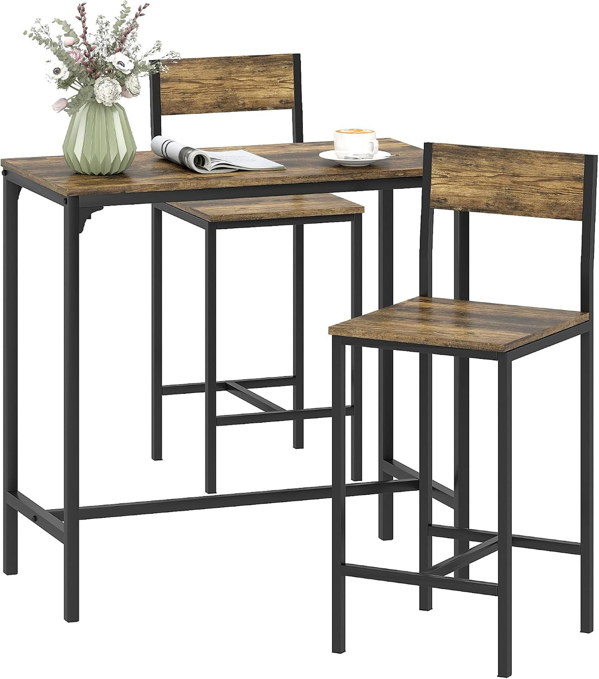 HOMCOM Ensemble 3 pièces avec table de bar et tabourets, style industriel, avec repose-pieds, dossier, cadre en métal