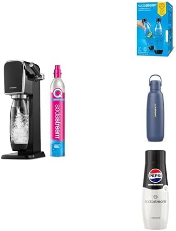 Sodastream Art Machine à Eau Pétillante et Soda, Pack 3 Bouteilles 1L + 1 Recharge de Gaz 60L + 1 Gourde Isotherme Fizz&Go Cool Bleue + 1 Concentré