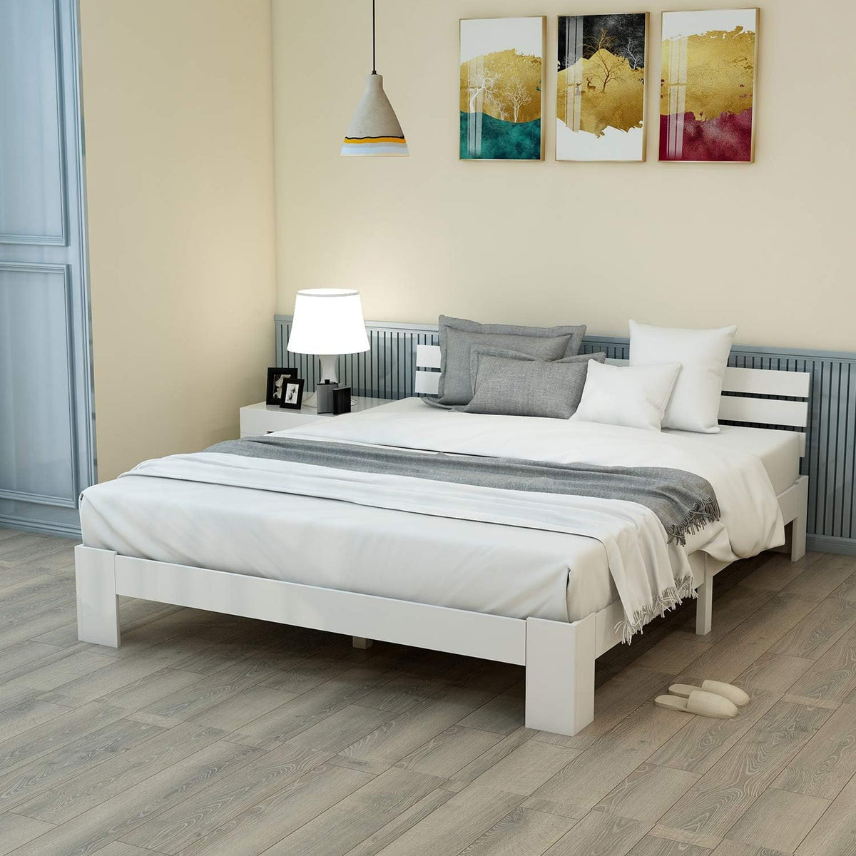 Cadre de lit en Bois Double, avec tête de lit et sommier à Lattes, Bois Massif Peut être utilisé comme lit en pin, 140 x 200 cm, Blanc
