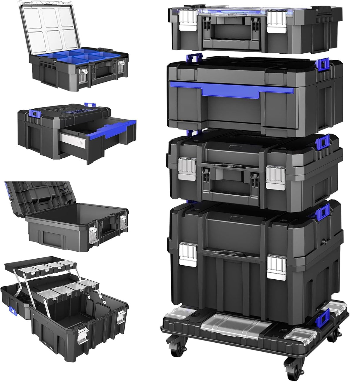 Caisse a Outil à roulettes à cinq niveaux, Boite a Outils Modulaire Empilable, Caisse a Outil Vide Portative avec Tiroir, Robuste et Durable