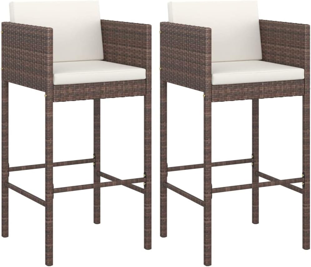 vidaXL Lot de 2 Tabourets de Bar avec Coussins, Chaise de Pub, Siège de Bistrot, Meuble de Terrasse Jardin Patio Extérieur, Marron Résine Tressée
