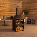 CHARLES BENTLEY Barbecue et cheminée 118cm en Acier Noir, résistant à la Rouille, Design Moderne, brûleur Bois/Charbon, Rangement bûches
