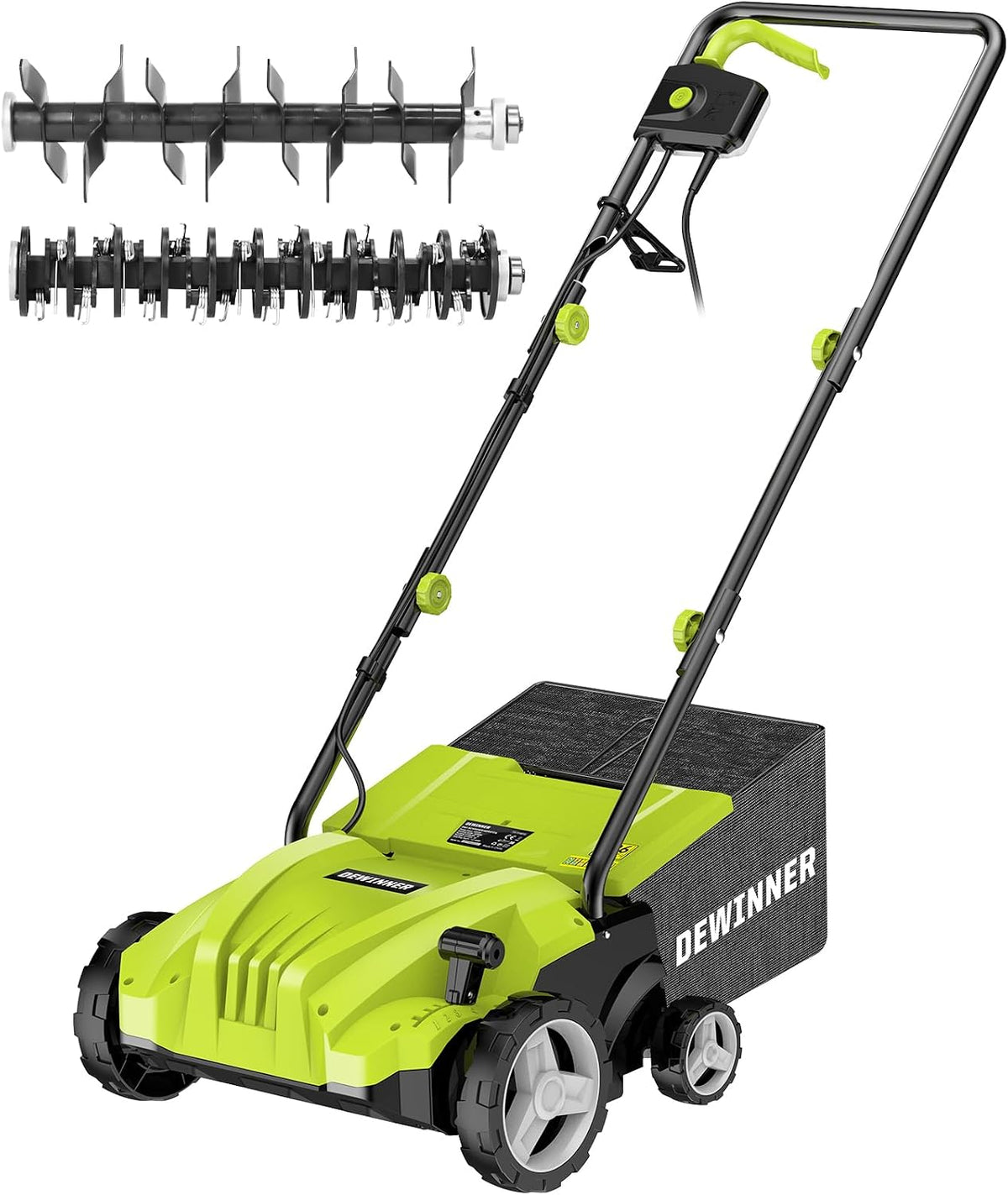 DEWINNER 1500W Scarificateur émousseur électrique, 2 en 1 Scarificateur AéRateur électrique, 3200 TR/Min, avec 2 Lames De Rechange Incluses