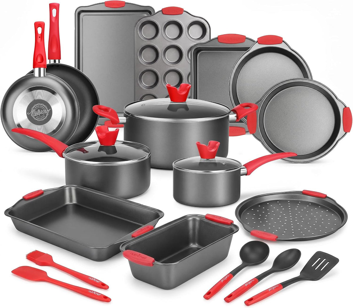 NutriChef Batterie de Cuisine 21 Pièces Antiadhésive, Casseroles Poêles Moules Ronds Carrés Pain Muffins Plaque Pizza Plaque Biscuits Ustensiles
