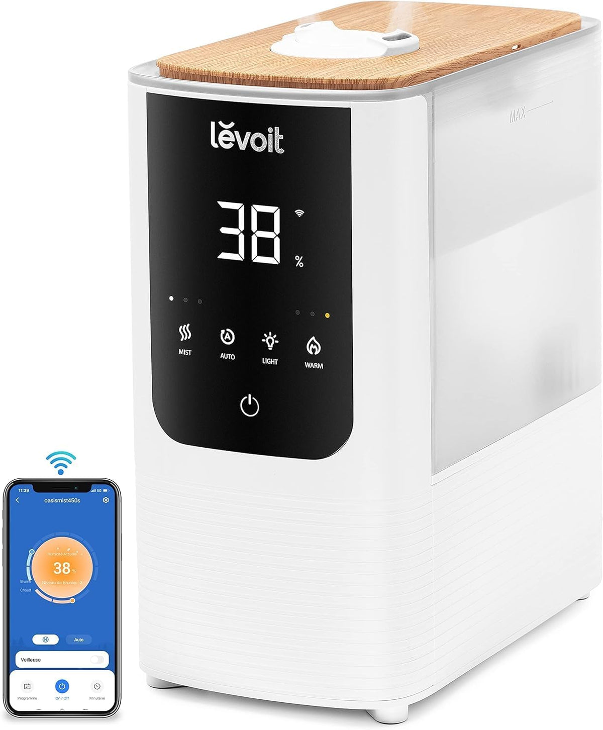 Levoit Humidificateur d'Air WIFI 4,5L, 26dB Jusqu'à 45h, LV450S, Blanc, OasisMist Brume chaude et froide, mode auto, lumière personnalisée
