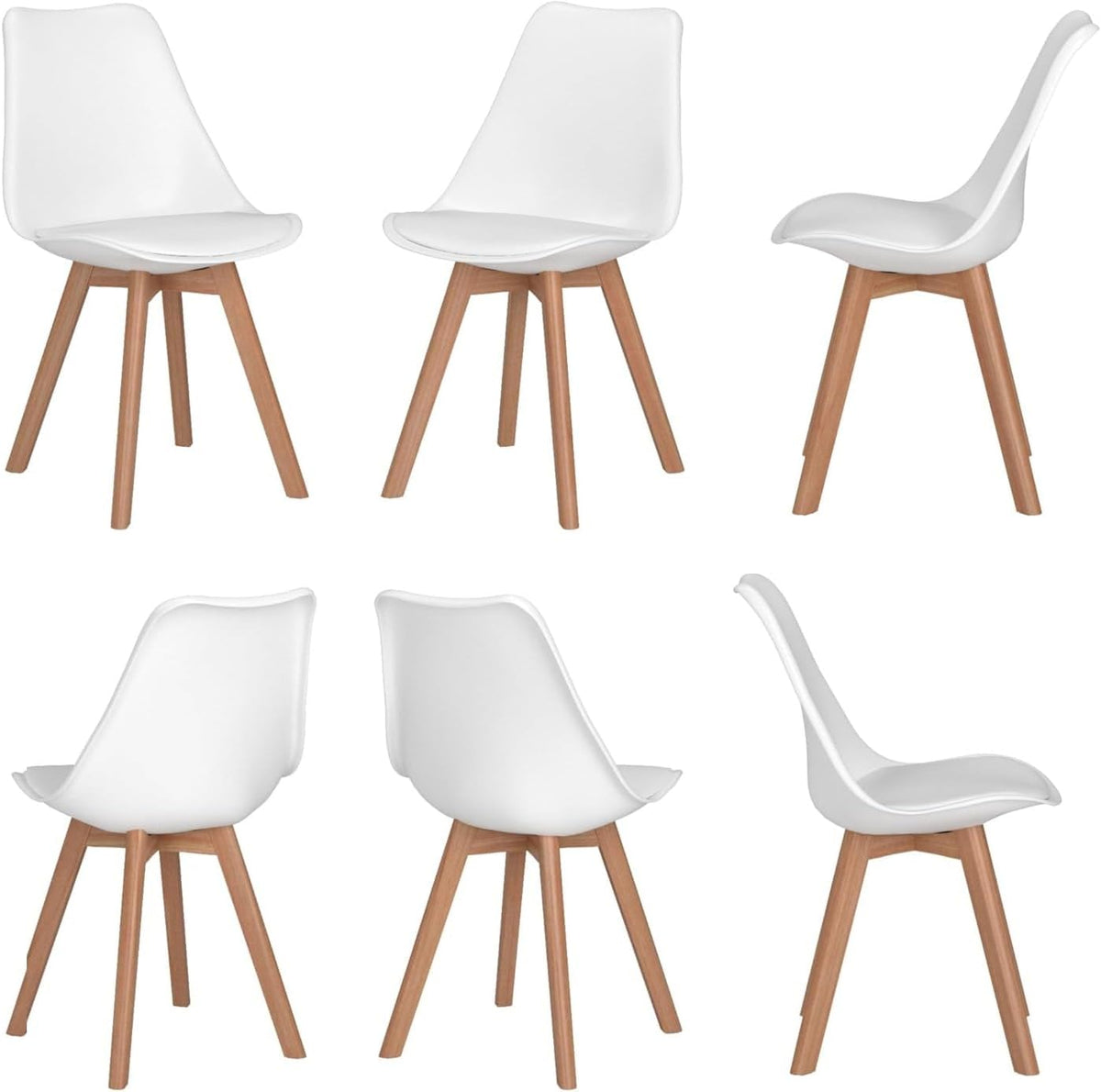 sinlikon Lot de 6 chaises scandinaves, ergonomiques, avec pieds en bois massif et coussin en mousse souple, blanc