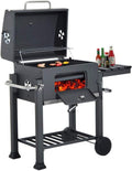 OHMG Barbecue au Charbon de Bois Memphis, Acier, Couvercle avec Thermomètre, Tablette latérale Pliable, Bac à Cendres, Étagère inférieure, 2 Roulettes