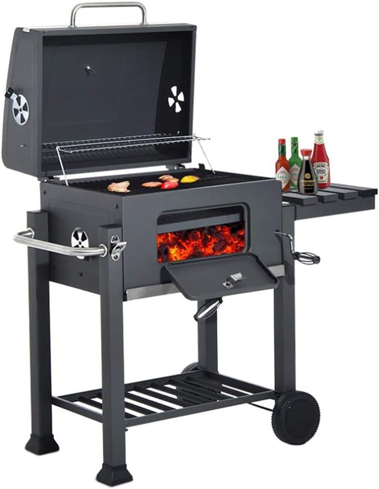 OHMG Barbecue au Charbon de Bois Memphis, Acier, Couvercle avec Thermomètre, Tablette latérale Pliable, Bac à Cendres, Étagère inférieure, 2 Roulettes