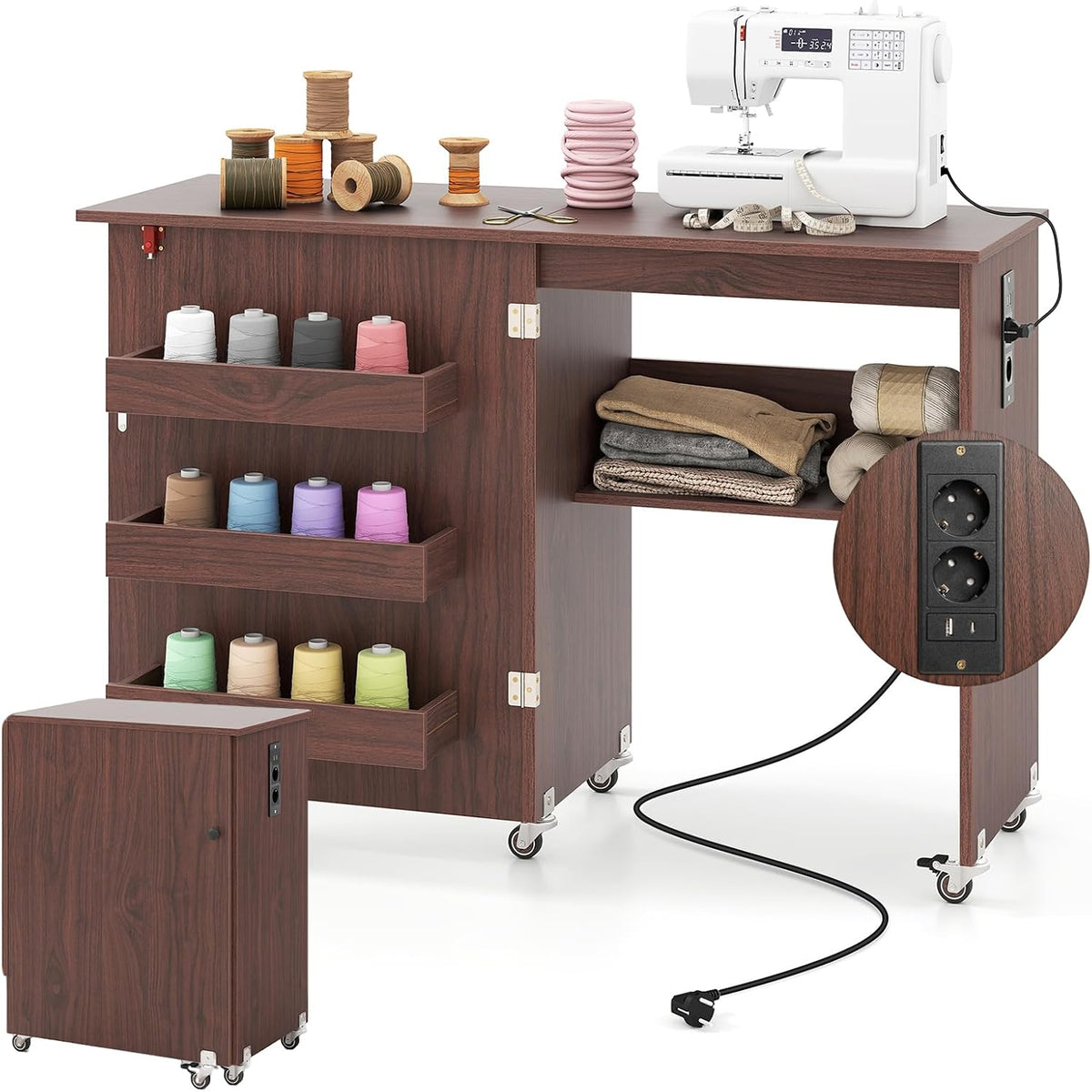 RELAX4LIFE Table de Couture Pliante avec Station de Charge, 2 Prises-Port USB-Type C, 3 Compartiments, 5 roulettes
