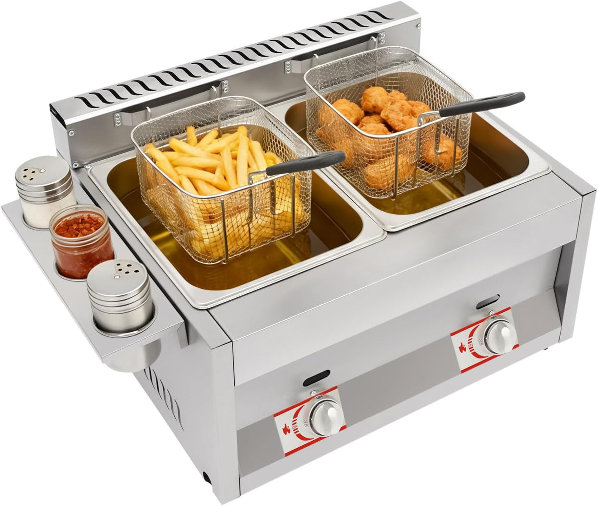 Friteuse à gaz, 60,3 x 46 x 33,5 cm, double réservoir commercial, en acier inoxydable, friteuse professionnelle avec paniers filtrants, couvercle