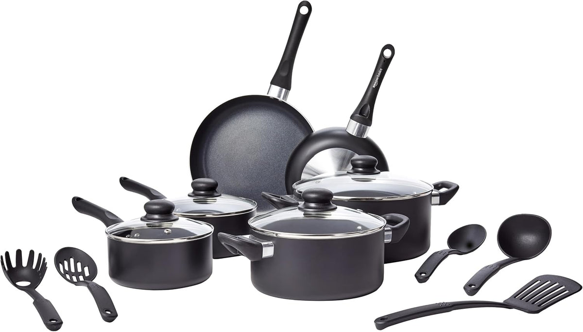Amazon Basics batterie de cuisine antiadhésive en céramique 15 pièces, casseroles, poêles et ustensiles, noir
