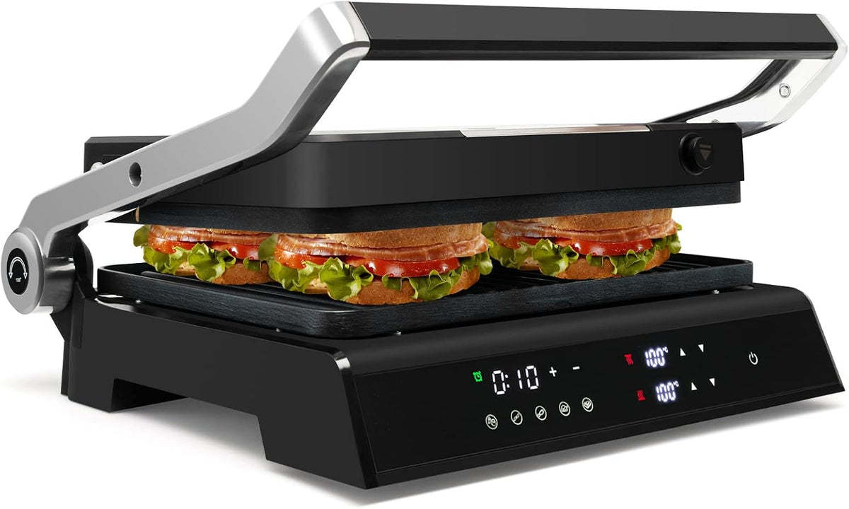 GOPLUS Grill à Panini, Machine à Sandwich 1200W Plaques Double Face Antiadhésives, Température Contrôle Indépendant Bac d'Égouttement Amovible
