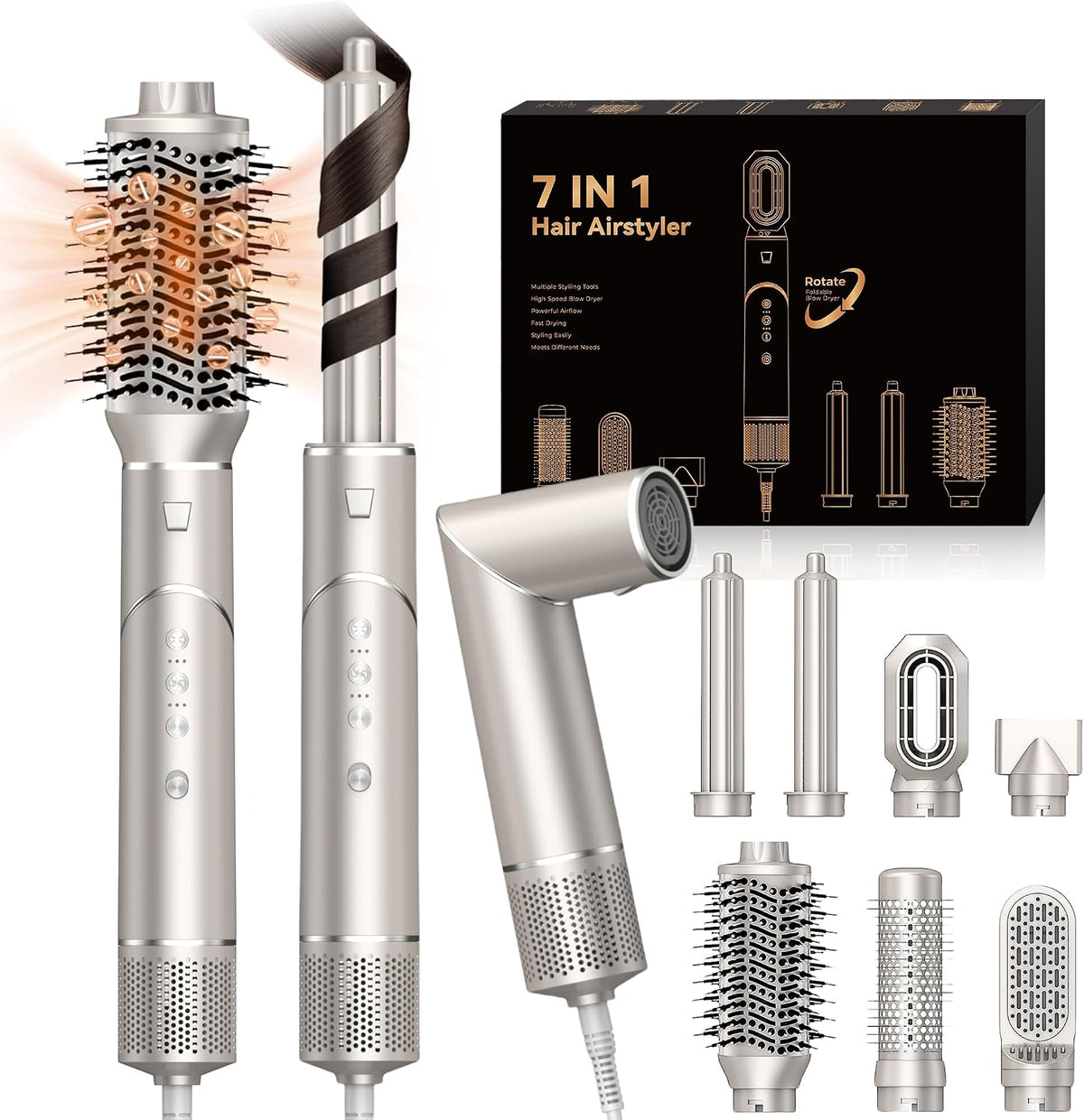 Pro Air Brush Styler 7 en 1 Brosse Soufflante Sèche-cheveux Ionique Haute Vitesse 110,000RPM avec 7 Accessoires de Coiffure Brosse Chauffante Brushing