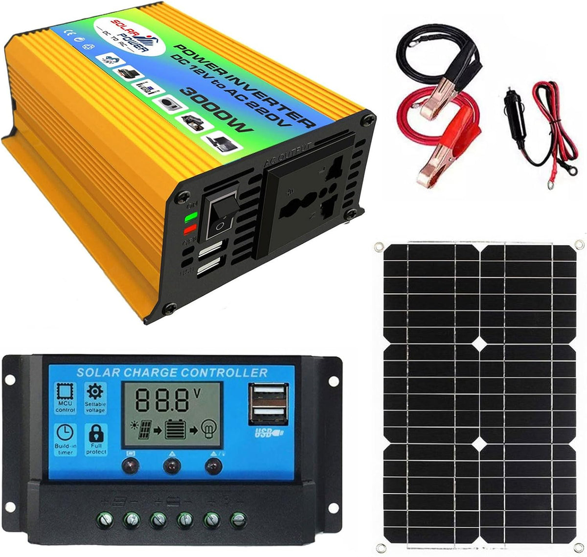 Kit solaire hors réseau 3000 W avec panneau étanche 18 W et contrôleur double tension for camping-car, camping et maison
