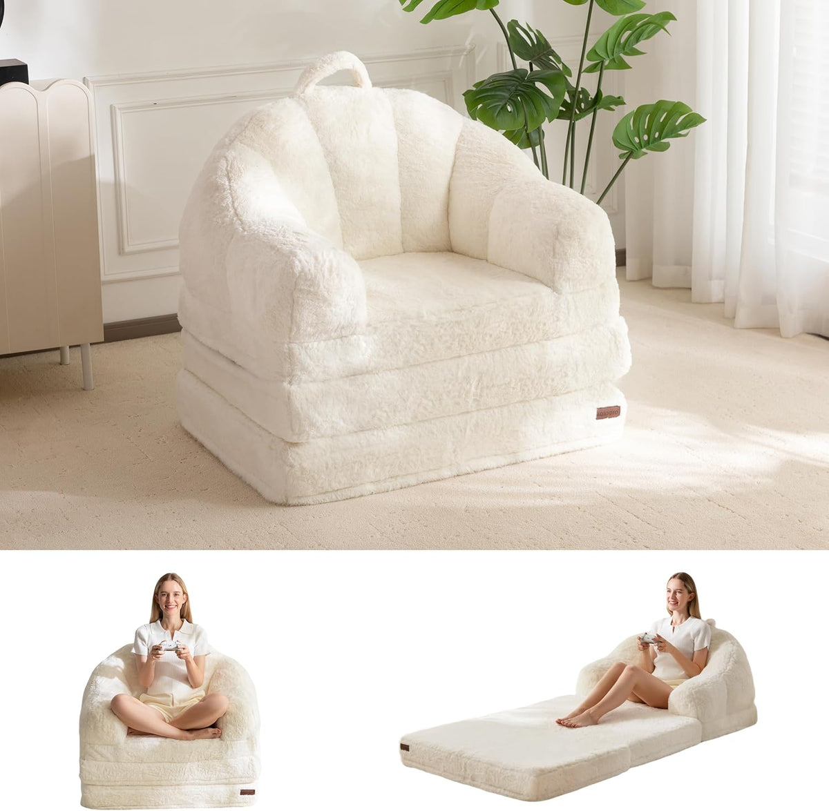MAXYOYO Canapé-Lit Pliant, Tissu Confortable en Fausse Fourrure, Canapé Convertible avec Poignée, Fauteuil Poire Simple pour Adultes