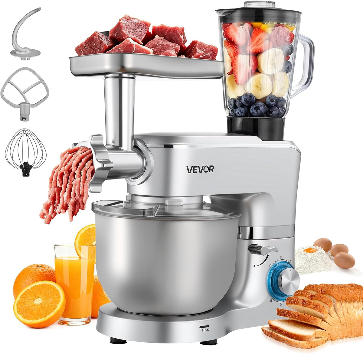 VEVOR Robot Pâtissier et Culinaire 6 L, Batteur sur Socle 1500 W avec Fonction Hachoir à Viande et Blender de 1,5 L