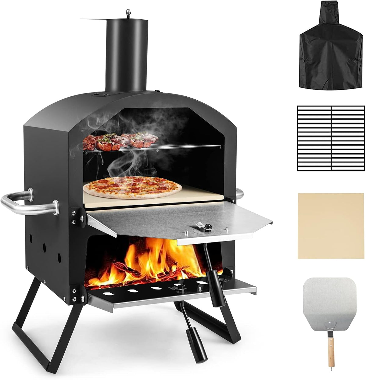 GOPLUS Mini Four à Pizza d'Extérieur à Bois pour 2 Pizzas, Pelle à Pizza, Pierre à Pizza, Couvercle Étanche, Pieds Repliables