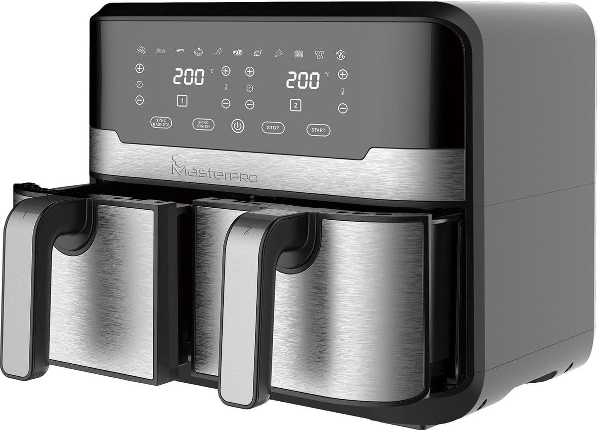 MasterPRO Rocket Duo 900, Friteuse sans Huile, Noir, Contenance 9 L et 2100 W, Avec Écran LED Tactile et Panier Antiadhésif, Friteuse à air
