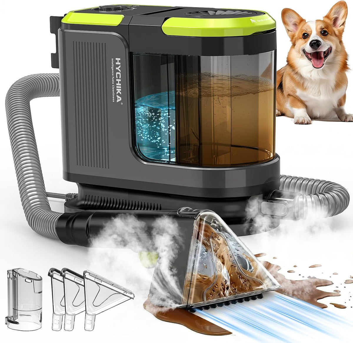 HYCHIKA Shampouineuse Canapé, Nettoyeur Canapé Tissu 1800W, 17 kPa Injecteur Extracteur Portable, avec Double Réservoir et Auto-Nettoyage