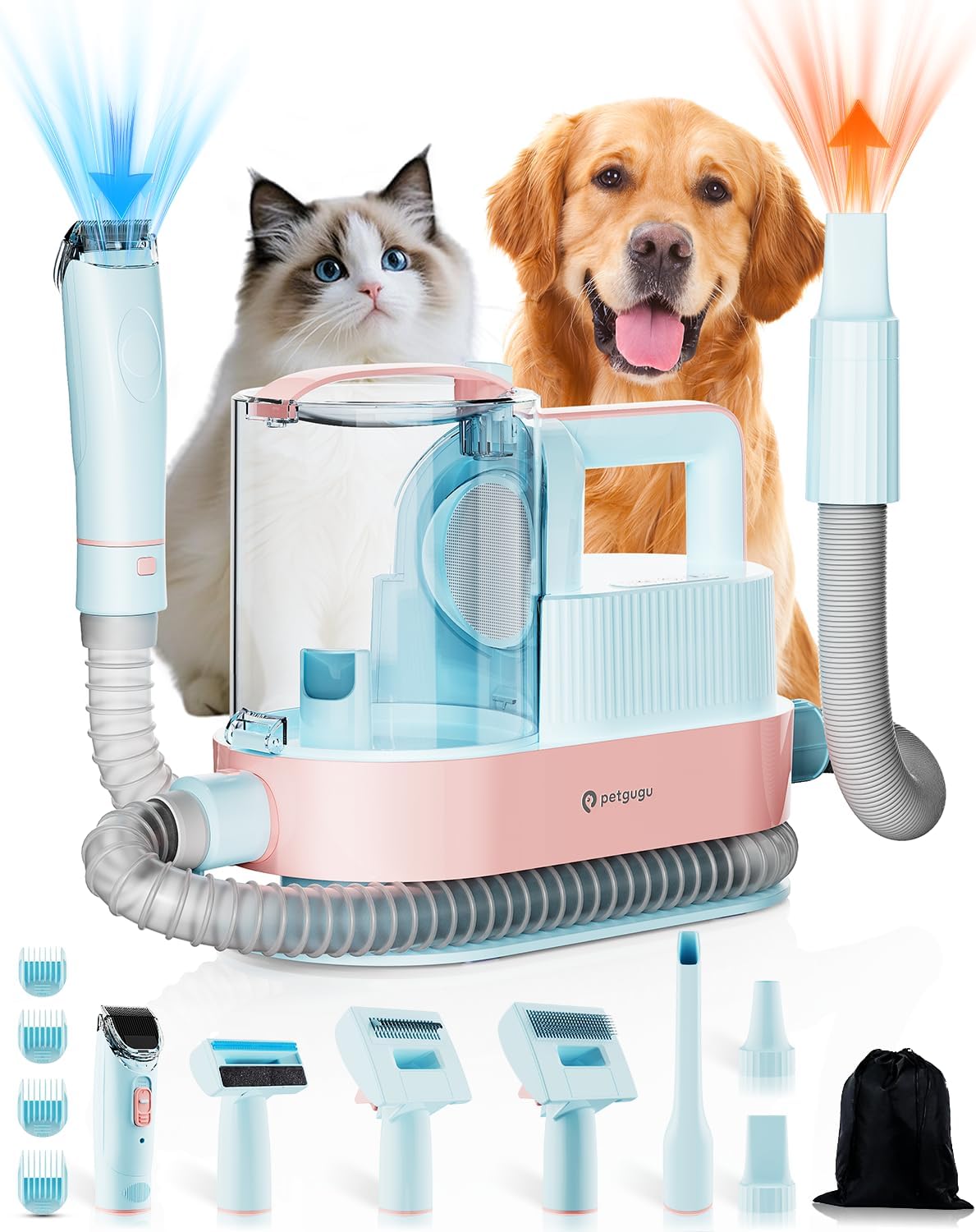 PETGUGU Aspirateur Poil de Chien, 7-en-1 Tondeuse Chien Professionnelle 11000Pa, Kit de Toilettage Silencieux pour Chiens et Chats