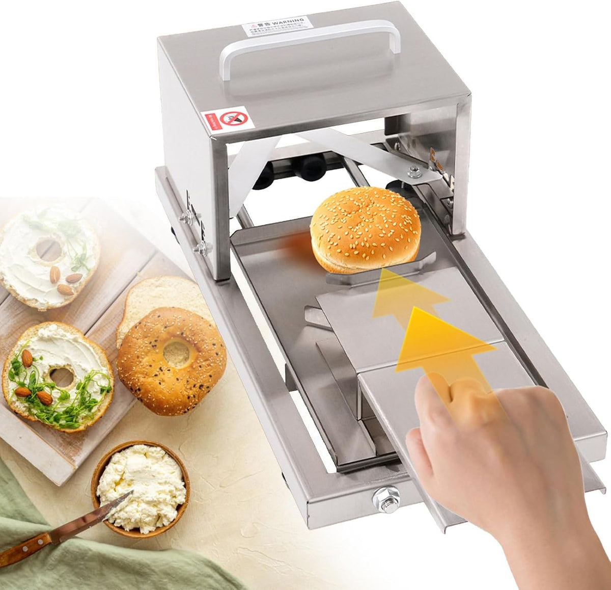 Trancheuse à pain pour pain fait maison, coupe-chignon hamburger, machine à trancher le bagel avec 4 hauteurs de coupe et design push-pull