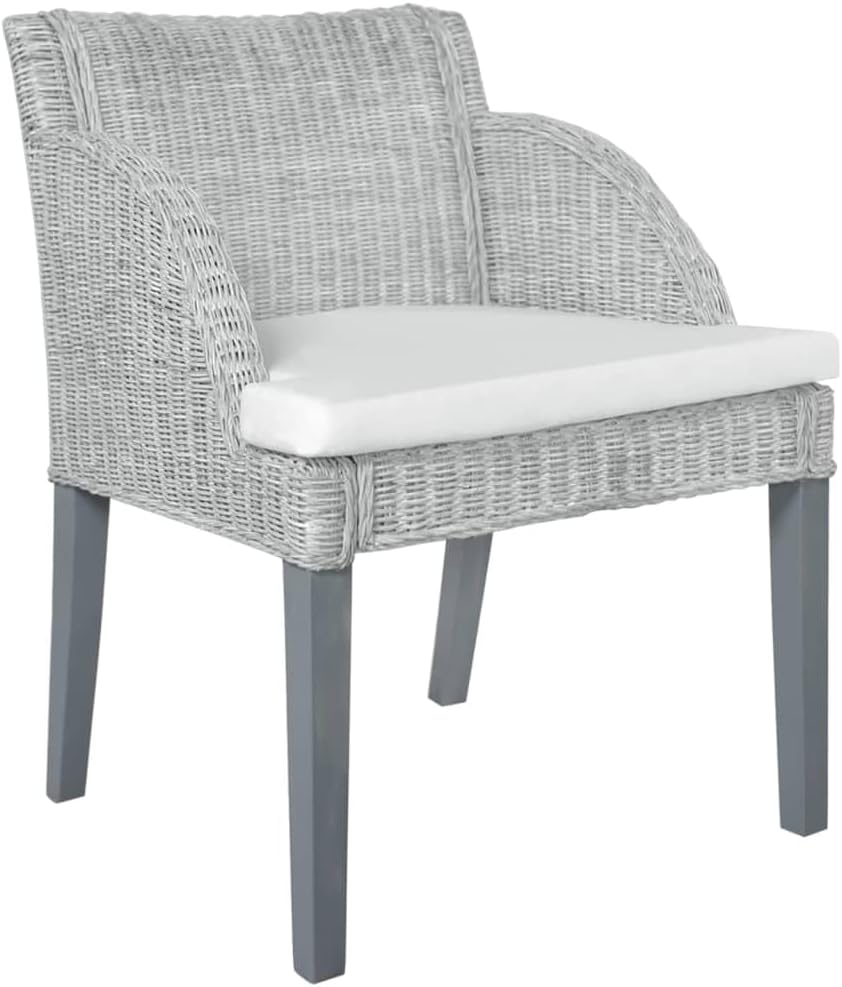 Chaise de salle à manger avec accoudoirs, en rotin naturel et bois de manguier, avec coussin en lin crème, design moderne, pour salon, cuisine, gris