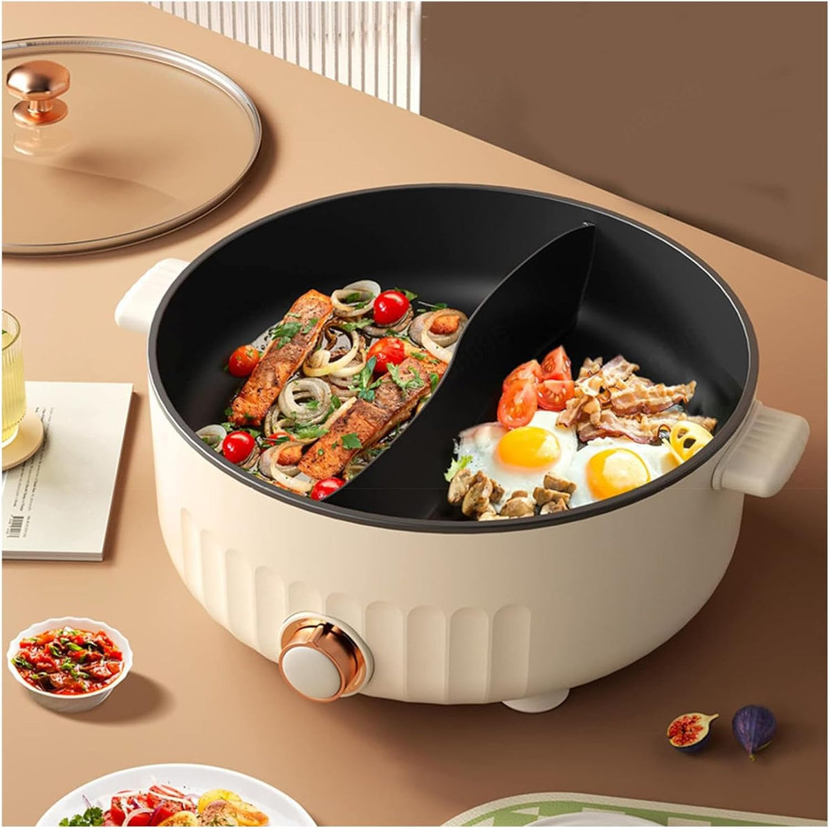 ARTSIM Fondue Chinoise, Multi-Fonctions Fondue Chinoise Electrique Convient Aux Petites FêTes (avec 2 Filets Non éTanches), White