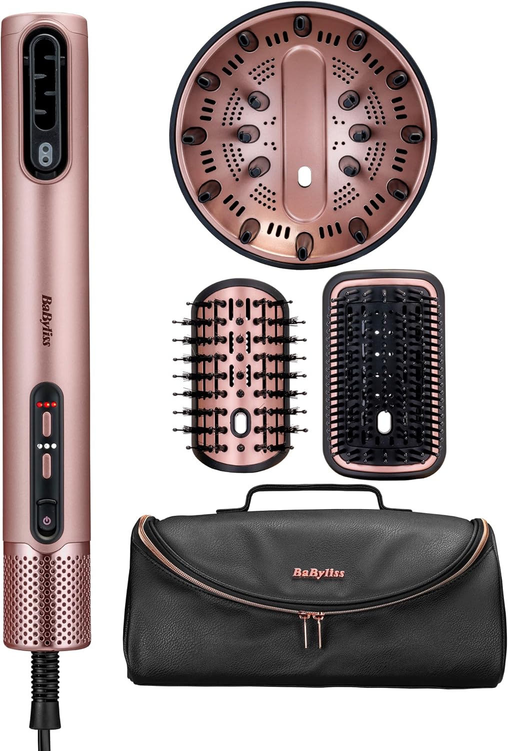 BaByliss Air Wand, Sèche‑cheveux avec Diffuseur, Styler 4-en-1 & Vanity Case offert, Brosse Lissante et Styler Volume pour Cheveux Secs ou Mouillés