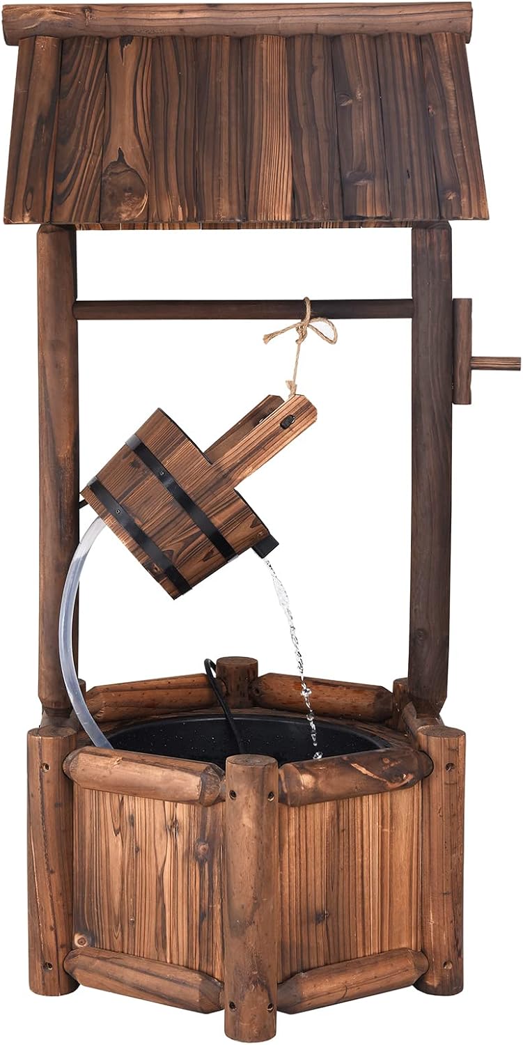 GOPLUS Fountaine Décoration pour Jardin Extérieur en Bois de Sapin, Pompe Électrique, 58,5 x 51 x 117 CM, Marron Rustique
